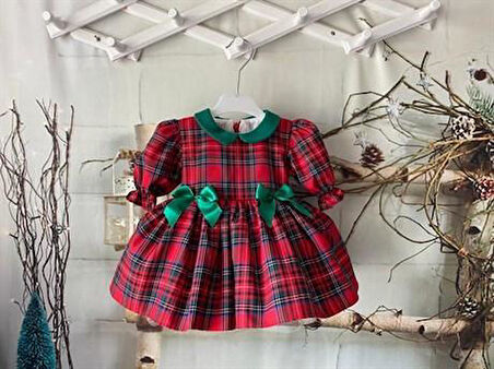 Yeşil Yakalı Ekose Kız Bebek Elbisesi,fotoğraf çekim elbisesi, 0-12 Yaşa Uygun