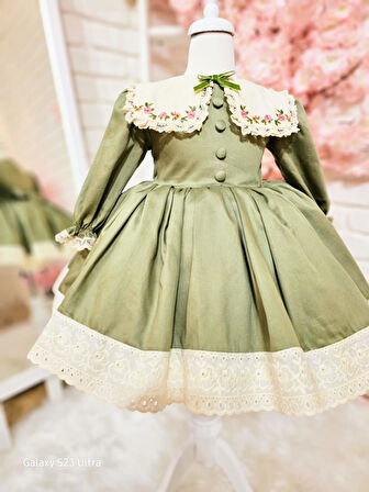 Yeşil Çiçek Yakalı Kız Bebek Elbisesi,Doğum günü elbise,fotoğraf çekim elbisesi,0-12 Yaşa Uygun