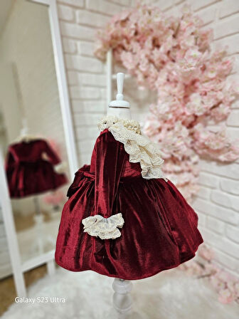 Bordo Kadife Kız Bebek Elbisesi,Doğum günü elbise,fotoğraf çekim elbisesi,0-12 Yaşa Uygun