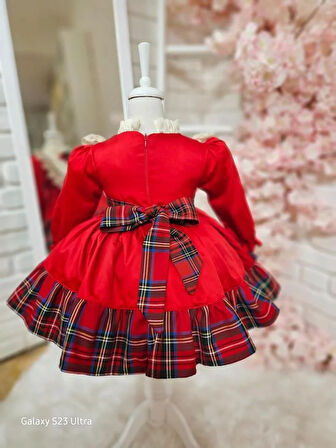 Kırmızı Kareli Kız Bebek Elbisesi,Doğum günü elbise,fotoğraf çekim elbise,0-12 Yaş Uygun