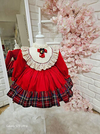 Kırmızı Kareli Kız Bebek Elbisesi,Doğum günü elbise,fotoğraf çekim elbise,0-12 Yaş Uygun