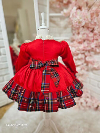 Kırmızı Kareli Kız Bebek Elbisesi,Doğum günü elbise,fotoğraf çekim elbise,0-12 Yaş Uygun