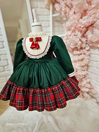 Yeşil Ekoseli Kız Bebek Elbisesi,Doğum günü,fotoğraf çekim elbise,0-12 Yaş Uygun