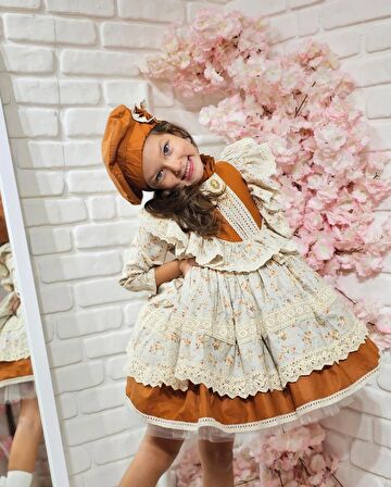 Kapuçino Çiçekli Vintage Kız Bebek Elbisesi,Doğum günü,fotoğraf çekim elbise,0-10 Yaş Uygun