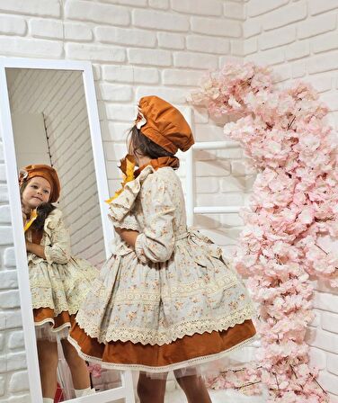 Kapuçino Çiçekli Vintage Kız Bebek Elbisesi,Doğum günü,fotoğraf çekim elbise,0-10 Yaş Uygun