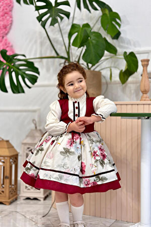 Krem Bordo Vintage Kız Bebek Elbisesi,Doğum günü,fotoğraf çekim elbise,0-10 Yaş Uygun