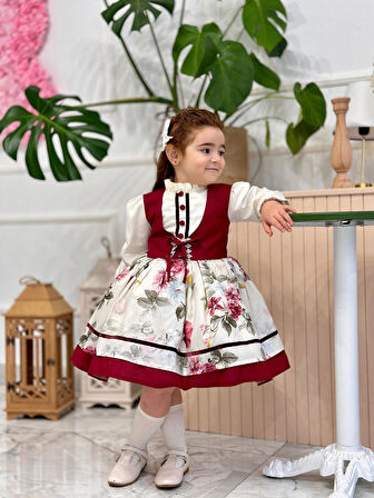 Krem Bordo Vintage Kız Bebek Elbisesi,Doğum günü,fotoğraf çekim elbise,0-10 Yaş Uygun