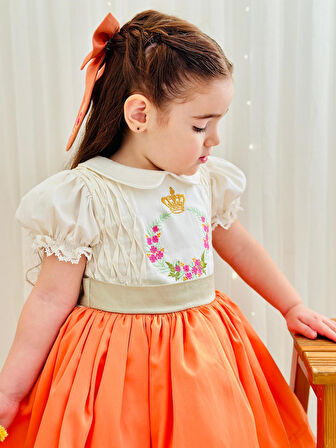 Turuncu Nakışlı Vintage Kız Bebek Elbisesi,Doğum günü elbise,fotoğraf çekim elbise,0-12 Yaş Uygun