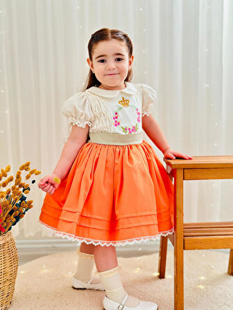 Turuncu Nakışlı Vintage Kız Bebek Elbisesi,Doğum günü elbise,fotoğraf çekim elbise,0-12 Yaş Uygun