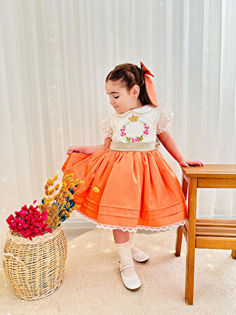 Turuncu Nakışlı Vintage Kız Bebek Elbisesi,Doğum günü elbise,fotoğraf çekim elbise,0-12 Yaş Uygun