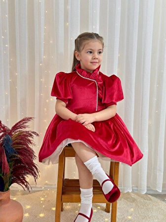 Kırmızı Kadife Vintage Kız Bebek Elbisesi,Doğum günü elbise,fotoğraf çekim elbise,0-12 Yaş Uygun