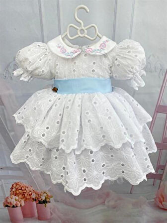 Beyaz Mavi Kemerli Vintage Elbise, Özel Dikim Çocuk Elbisesi, Doğum günü elbisesi,0-12 Yaşa Uygun