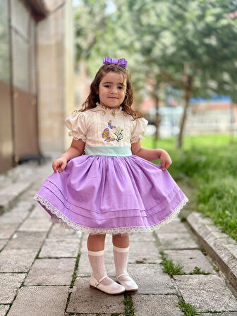 Lila Papatyalı Vintage Kız Bebek Elbise,Doğum günü elbise,fotoğraf çekim elbise,0-12 Yaş Uygun