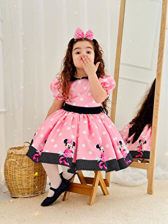 Pembe Mickey Mouse Vintage Kız Bebek Elbise,Doğum günü elbise,fotoğraf çekim elbise,0-12 Yaş Uygun