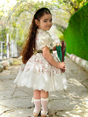 Krem Bahar Vintage Kız Bebek Elbise,Doğum günü elbise,fotoğraf çekim elbise,0-12 Yaş Uygun