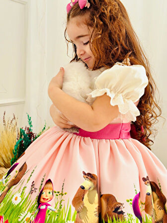 Pembe Maşa Vintage Kız Bebek Elbise,Doğum günü elbise,fotoğraf çekim elbise,0-12 Yaş Uygun