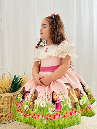 Pembe Maşa Vintage Kız Bebek Elbise,Doğum günü elbise,fotoğraf çekim elbise,0-12 Yaş Uygun
