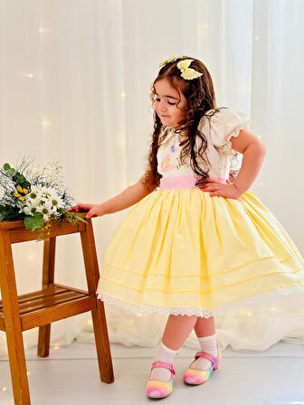 Sarı Kız Bebek Elbisesi,Doğum günü elbisesi, fotoğraf çekim elbisesi,0-12 Yaşa Uygun