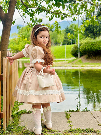 Kapiçino Dantelli Vintage Kız Bebek Elbisesi,Doğum günü,fotoğraf çekim elbise,0-12 Yaş Uygun