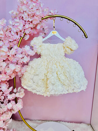 Diana Krem Güllü Kız Bebek Elbisesi,Özel Dikim Çocuk Elbisesi, Doğum günü elbisesi, 0-12 Yaş