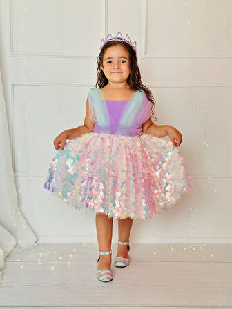 Lila Pullu Prenses Kız Bebek Elbise,Doğum günü elbise,fotoğraf çekim elbise,0-12 Yaş Uygun