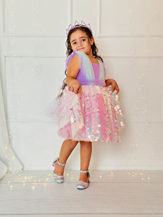 Lila Pullu Prenses Kız Bebek Elbise,Doğum günü elbise,fotoğraf çekim elbise,0-12 Yaş Uygun