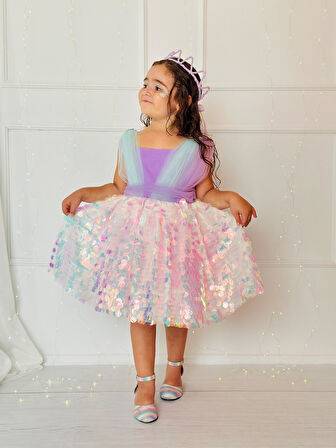 Lila Pullu Prenses Kız Bebek Elbise,Doğum günü elbise,fotoğraf çekim elbise,0-12 Yaş Uygun