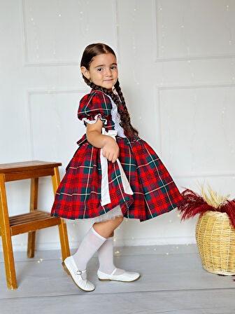 Kırmızı Yakası Çiçekli Ekose Kız Bebek Elbisesi, Özel Dikim Kız Çocuk Elbisesi, Doğum günü elbisesi, fotoğraf çekim elbisesi, Kız Bebek Hediyesi, 0-12 Yaşa Uygun