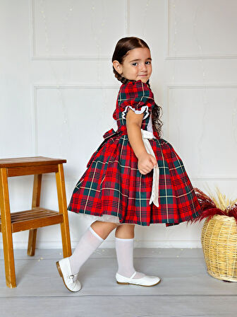 Kırmızı Yakası Çiçekli Ekose Kız Bebek Elbisesi, Özel Dikim Kız Çocuk Elbisesi, Doğum günü elbisesi, fotoğraf çekim elbisesi, Kız Bebek Hediyesi, 0-12 Yaşa Uygun