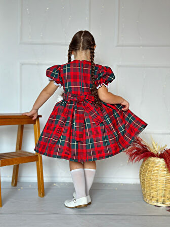 Kırmızı Yakası Çiçekli Ekose Kız Bebek Elbisesi, Özel Dikim Kız Çocuk Elbisesi, Doğum günü elbisesi, fotoğraf çekim elbisesi, Kız Bebek Hediyesi, 0-12 Yaşa Uygun