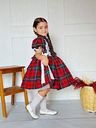 Kırmızı Yakası Çiçekli Ekose Kız Bebek Elbisesi, Özel Dikim Kız Çocuk Elbisesi, Doğum günü elbisesi, fotoğraf çekim elbisesi, Kız Bebek Hediyesi, 0-12 Yaşa Uygun