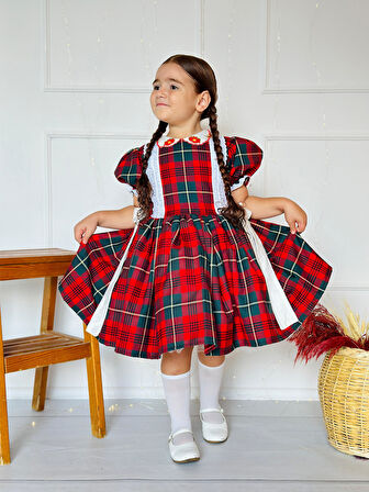 Kırmızı Yakası Çiçekli Ekose Kız Bebek Elbisesi, Özel Dikim Kız Çocuk Elbisesi, Doğum günü elbisesi, fotoğraf çekim elbisesi, Kız Bebek Hediyesi, 0-12 Yaşa Uygun