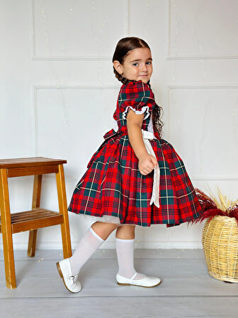 Kırmızı Yakası Çiçekli Ekose Kız Bebek Elbisesi, Özel Dikim Kız Çocuk Elbisesi, Doğum günü elbisesi, fotoğraf çekim elbisesi, Kız Bebek Hediyesi, 0-12 Yaşa Uygun