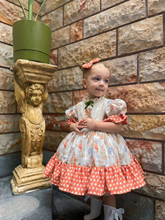 Turuncu Tavşanlı Vintage Kız Bebek Elbisesi, Özel Dikim Kız Çocuk Elbisesi, Doğum günü elbisesi, fotoğraf çekim elbisesi, Kız Bebek Hediyesi, 0-12 Yaşa Uygun