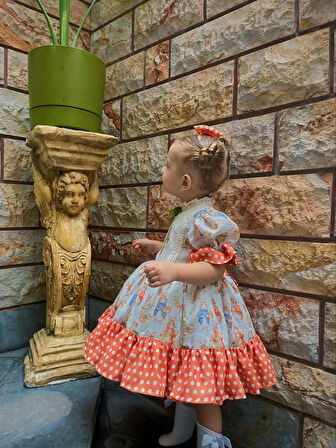Turuncu Tavşanlı Vintage Kız Bebek Elbisesi, Özel Dikim Kız Çocuk Elbisesi, Doğum günü elbisesi, fotoğraf çekim elbisesi, Kız Bebek Hediyesi, 0-12 Yaşa Uygun