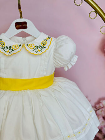 Beyaz Yakası Çiçek Nakışlı Kız Bebek Elbise,Doğum günü elbise,fotoğraf çekim elbise,0-12 Yaş Uygun