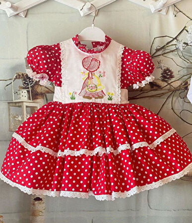 Kırmızı Puantiyeli Nakışlı Kız Bebek Elbisesi,Özel Dikim Çocuk Elbisesi, Doğum günü elbisesi, 0-12 Yaş
