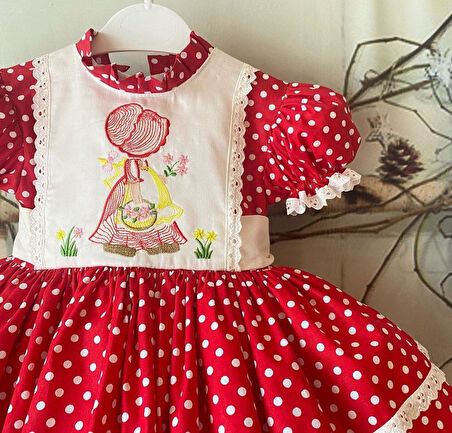 Kırmızı Puantiyeli Nakışlı Kız Bebek Elbisesi,Özel Dikim Çocuk Elbisesi, Doğum günü elbisesi, 0-12 Yaş
