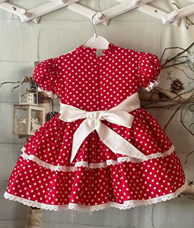 Kırmızı Puantiyeli Nakışlı Kız Bebek Elbisesi,Özel Dikim Çocuk Elbisesi, Doğum günü elbisesi, 0-12 Yaş