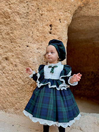 Lacivert Ekose Kız Bebek Elbise,Doğum günü elbise,fotoğraf çekim elbise,0-12 Yaş Uygun