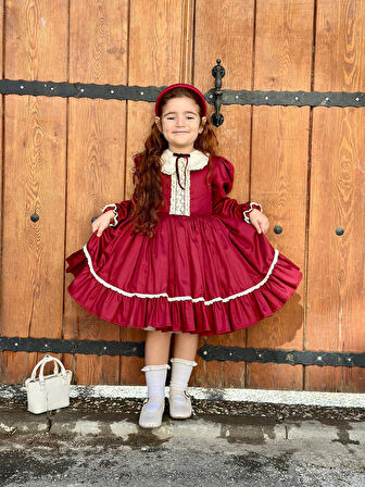 Bordo Kurdaleli Vintage Kız Bebek Elbisesi,Doğum günü elbise,fotoğraf çekim elbisesi,0-12 Yaşa Uygun