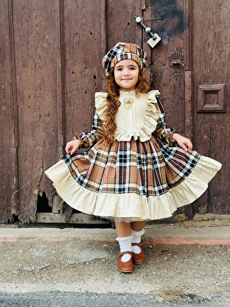 Kapiçino Kareli Ekose Kız Bebek Elbisesi, Doğum günü elbisesi, fotoğraf çekim elbisesi,0-12 Yaşa Uygun