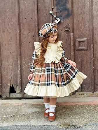 Kapiçino Kareli Ekose Kız Bebek Elbisesi, Doğum günü elbisesi, fotoğraf çekim elbisesi,0-12 Yaşa Uygun