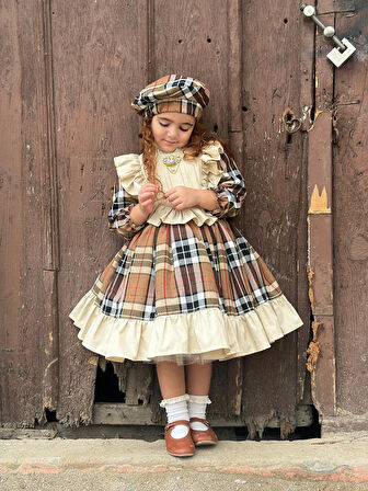 Kapiçino Kareli Ekose Kız Bebek Elbisesi, Doğum günü elbisesi, fotoğraf çekim elbisesi,0-12 Yaşa Uygun