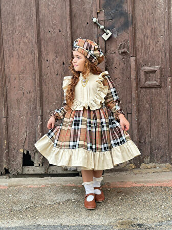 Kapiçino Kareli Ekose Kız Bebek Elbisesi, Doğum günü elbisesi, fotoğraf çekim elbisesi,0-12 Yaşa Uygun