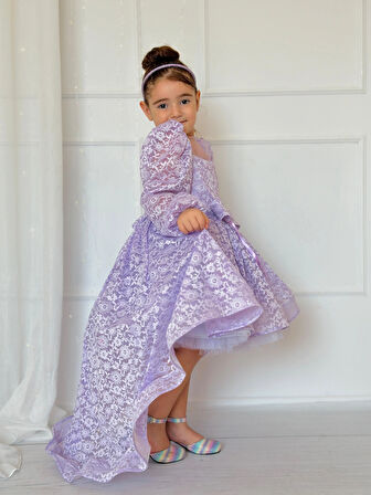 Lila Dantelli Kuyruklu Prenses Kız Bebek Elbise,Doğum günü elbise,fotoğraf çekim elbise,0-12 Yaş Uygun