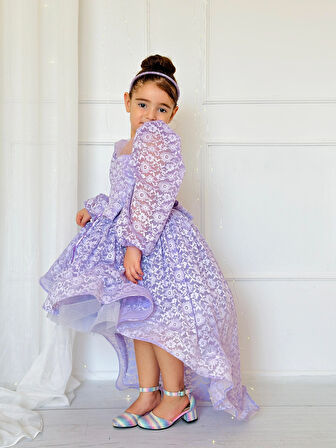 Lila Dantelli Kuyruklu Prenses Kız Bebek Elbise,Doğum günü elbise,fotoğraf çekim elbise,0-12 Yaş Uygun