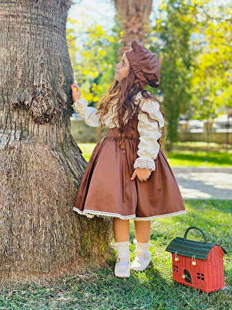 Kahverengi Eteği Nakışlı Kız Bebek Elbisesi, Doğum günü elbisesi, fotoğraf çekim elbisesi,0-12 Yaşa Uygun
