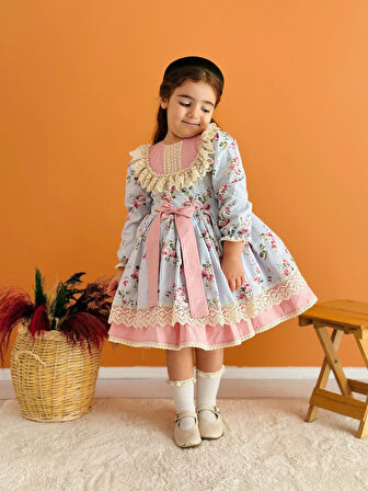 Mavi Çiçekli Önü Fiyonklu Vintage Elbise, Özel Dikim Çocuk Elbisesi, Doğum günü elbisesi,0-12 Yaşa Uygun