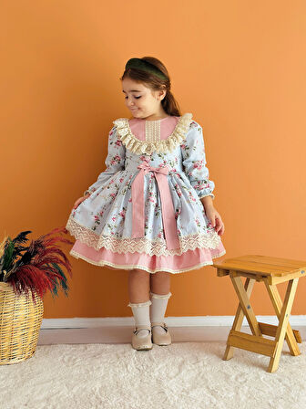 Mavi Çiçekli Önü Fiyonklu Vintage Elbise, Özel Dikim Çocuk Elbisesi, Doğum günü elbisesi,0-12 Yaşa Uygun